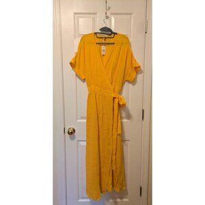 NWT Marine Layer Valencia Wrap Dress Golden Yellow Large cotton double gauze
